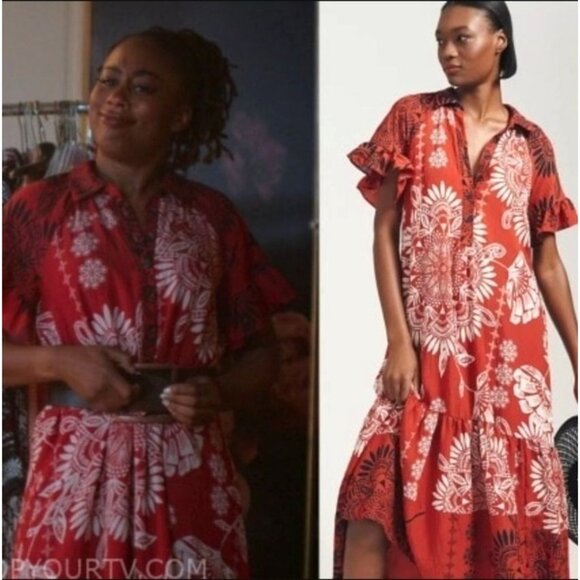 By ANTHROPOLOGIE Ruffle-Sleeve Maxi Dress S Tiered Medallion Print Boho Breezy - Picture 6 of 12